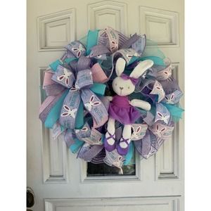 Purple Ballerina Bunny Rabbit Mesh Ribbon Easter & Spring Wreath Door Hanger xxx